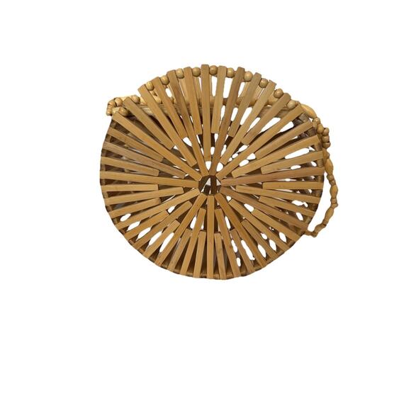 Unbranded Handbags - Handmade Bamboo Open Slats Round Cylinder Purse 8in Diameter With Shoulder Strap